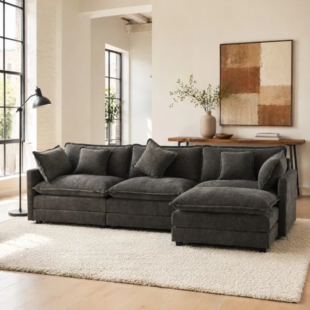 MEUNIQ Hoekbank 283 x 147 x 84 cm, L-vormige 3-zits bank met chaise longue, chenille bekleding, armkussens en lendenkussen, donkergrijs voor woonkamer
