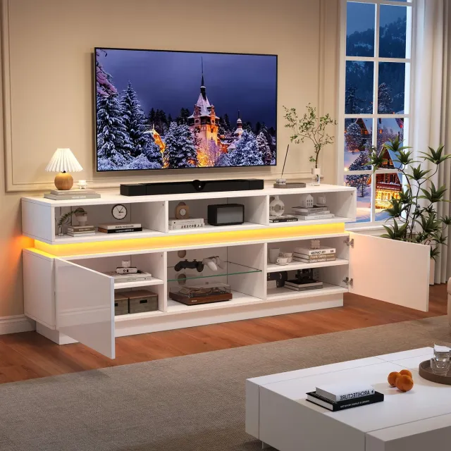 Merax 160x35x60 cm woonkamer tv-meubel - hoogglans lage tafel - woonkamerkast met LED-verlichting - wit