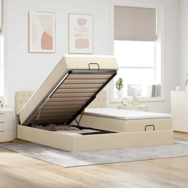 vidaXL Ottoman bed met matrassen 200x200cm stof crèmekleurig