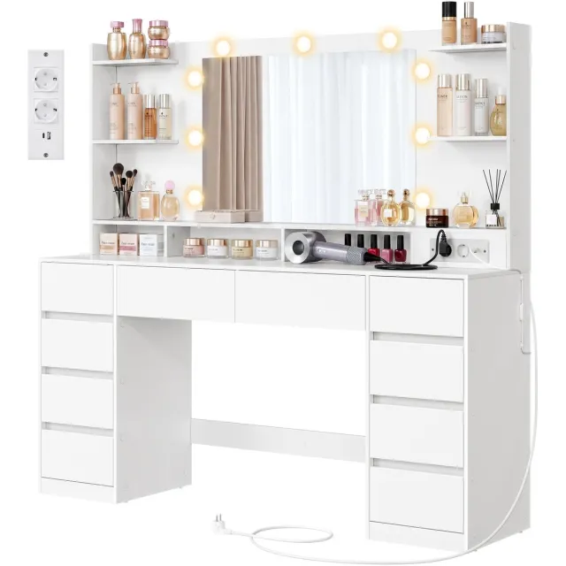 Songmics Kaptafel - Met Verlichte Spiegel en Schuifladen - Wolkwit - 137 x 40 x 144,3 cm