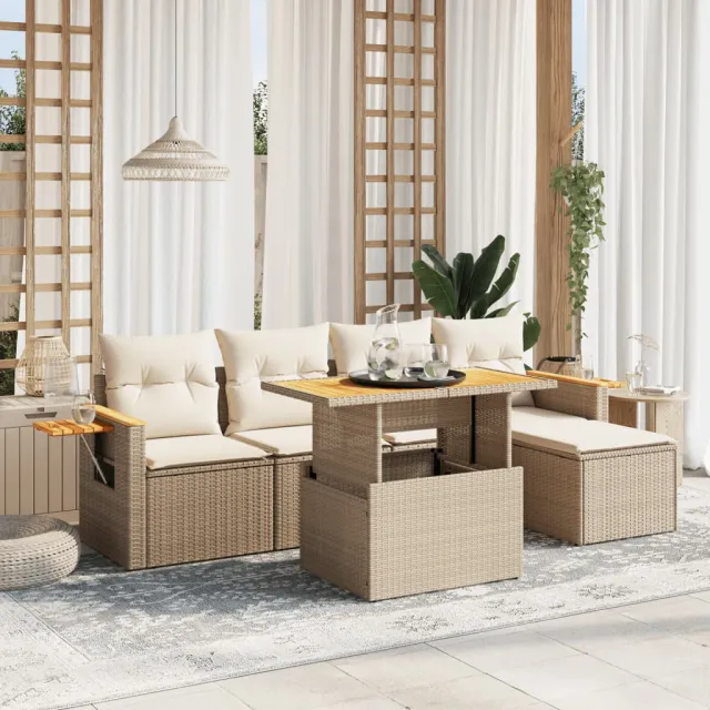 vidaXL 6-delige Loungeset met kussens poly rattan beige, foto 2