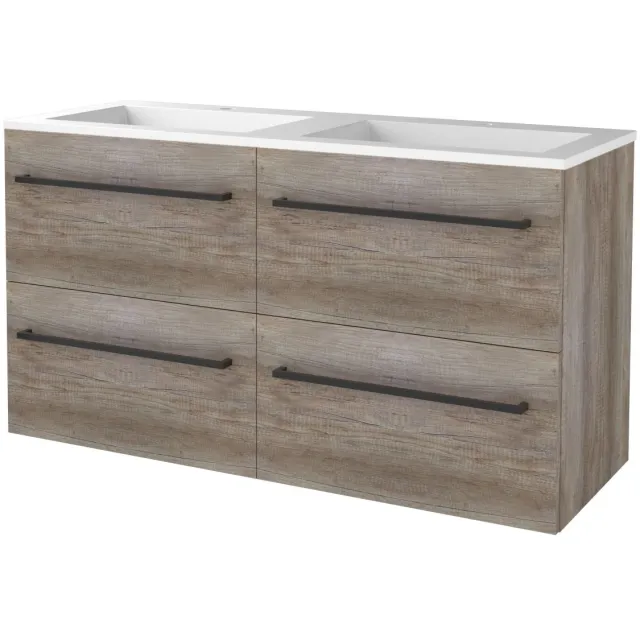 Boss & Wessing Badmeubelset BWS Salt 120x46cm Met Grepen 4 Lades Met Wastafel Acryl 2 Kraangaten Scotch Oak Bruin