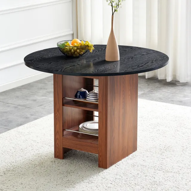 FloraGrace Eettafel Ronde Eettafel Met Opbergvak Walnootlook Zwart Tafelblad MDF Metalen Steun 100 Cm Voor Keuken En Eetkamer Walnut+black