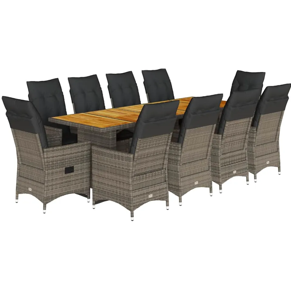 vidaXL 11-delige Bistroset met kussens poly rattan grijs