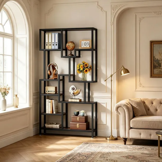 REDOM Boekenkast - Asymmetrische open vakken - 7 lagen - Industrieel - Woonkamer of thuiskantoor - Spaanplaat en metaal - Zwart - Rustiek bruin - 100 x 30 x 180 cm