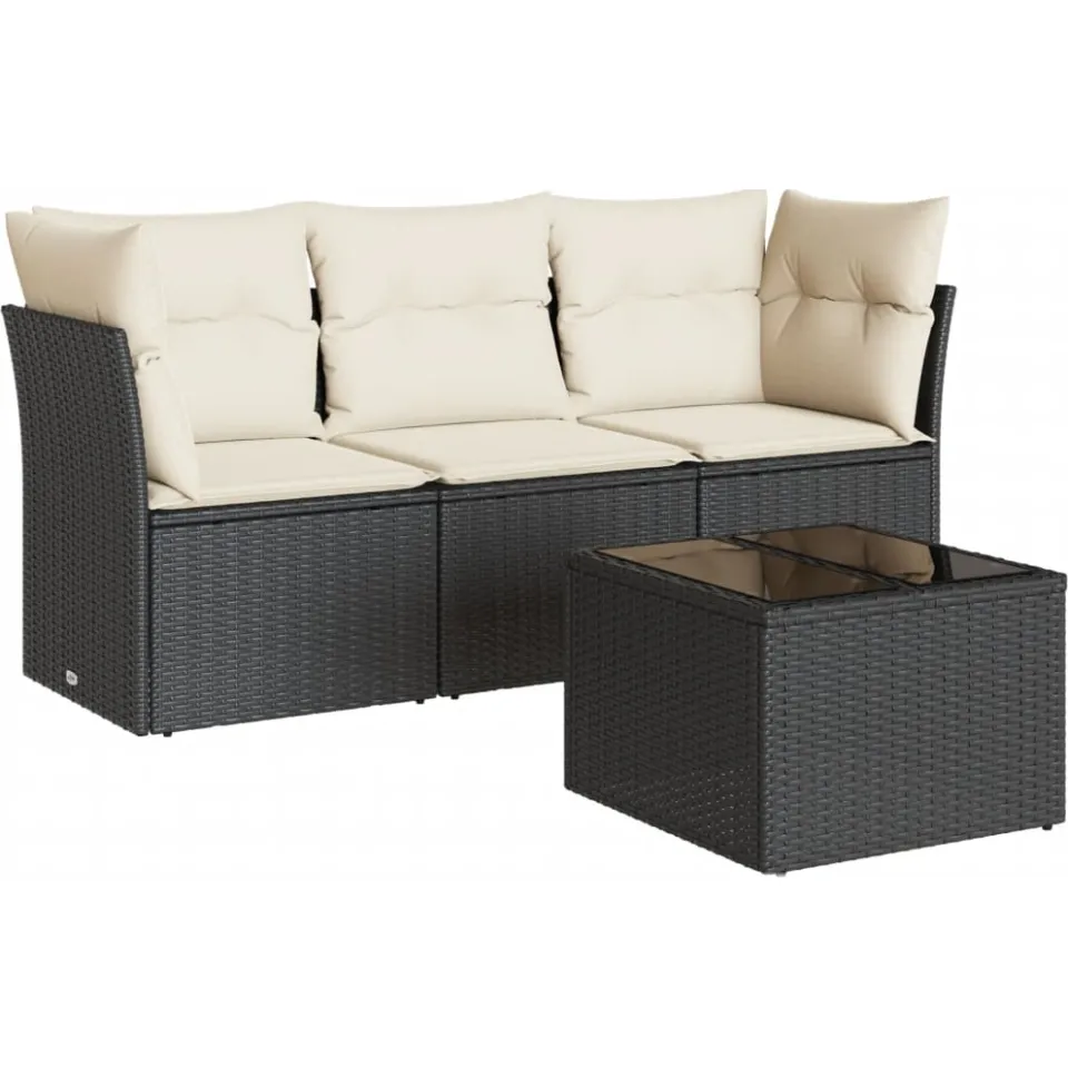 vidaXL 4-delige Loungeset met kussens poly rattan zwart