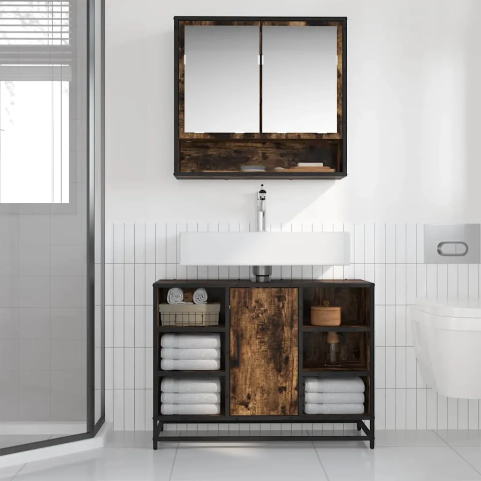 vidaXL Wastafelkast 80x33x60 cm bewerkt hout gerookt eikenkleurig, foto 2