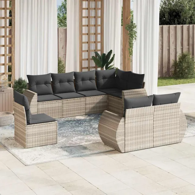 vidaXL 8-delige Loungeset met kussens poly rattan lichtgrijs grijs