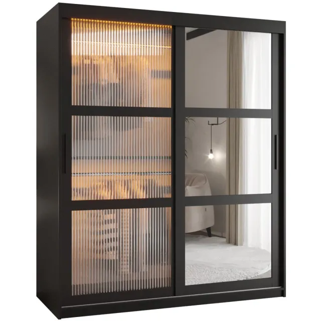 AJE Meubles B.V. Zweefdeurkast Kledingkast met 2 schuifdeuren glanzen slaapkamerkast Kledingstang met planken Garderobekast met geribbeld glas - ARTON 2 (150 cm, Zwart) met lades