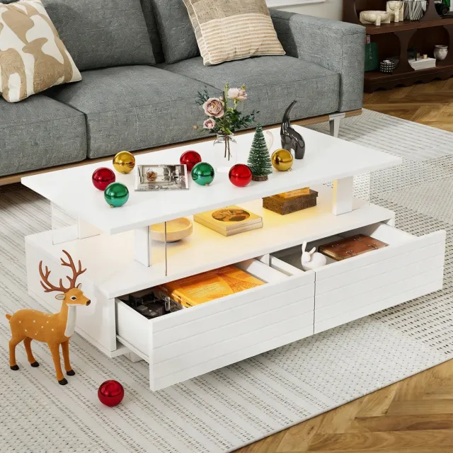 REDOM Wit LED-acryl salontafel met opbergruimte, 2-laags design, app- en afstandsbediening, 100×50×42 cm, max. 30 kg