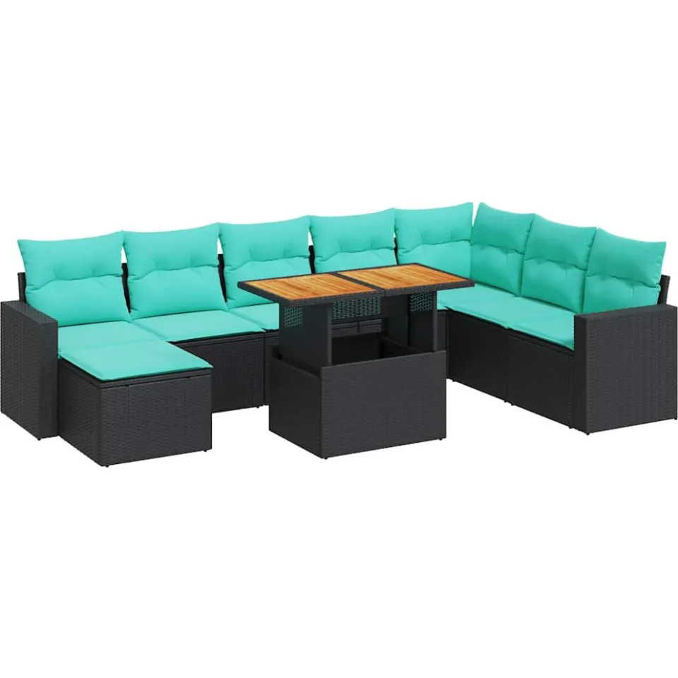 vidaXL 9-delige Loungeset met kussens poly rattan zwart, foto 3