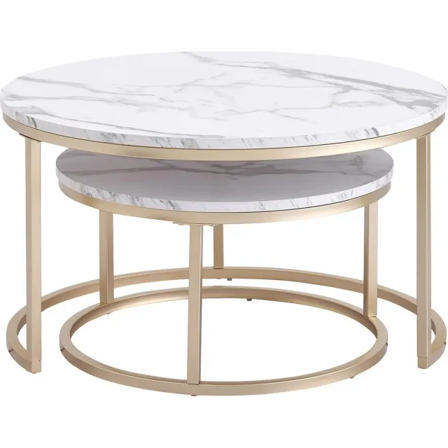FIBILA Salontafels - Salontafel Marmer - Salontafel Rond - Ronde Marmeren Salontafel - Bijzettafel - 2 in 1 - Marmer - Goud - Wit Wit met goud