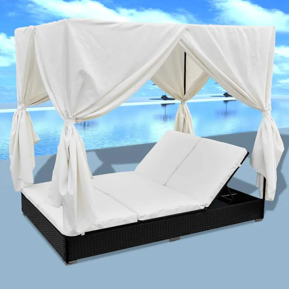 vidaXL Loungebed met gordijnen poly rattan zwart, foto 3