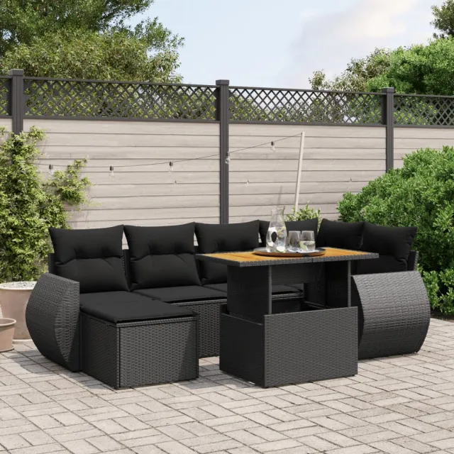 vidaXL 7-delige Loungeset met kussens poly rattan zwart, foto 2