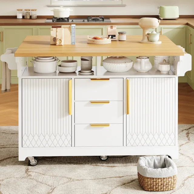 REDOM Keukeneiland - Uitklapbare verlengplaten - Op wielen - 3 lades en verstelbare planken - Retro stijl - Keuken en eetkamer - MDF - Wit - 120 x 40(80) x 95 cm