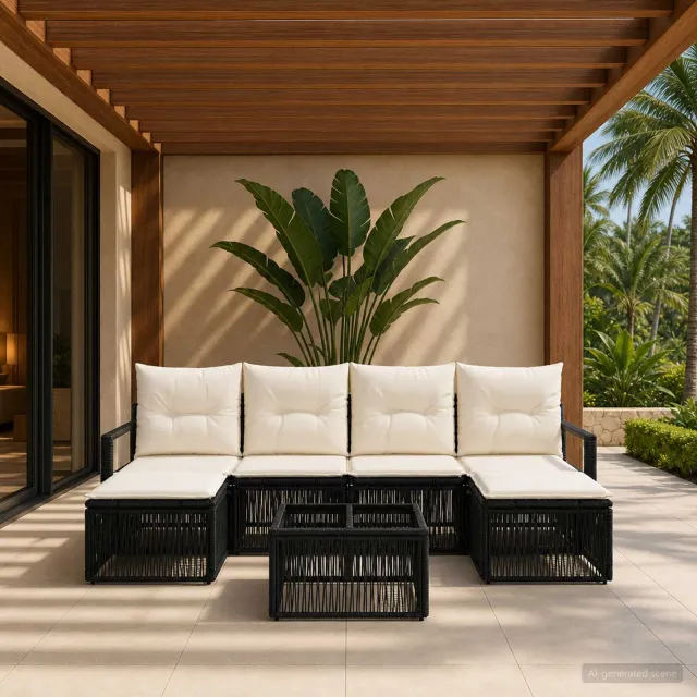 vidaXL Tuinbankenset 7 st Zwart poly rattan, foto 2