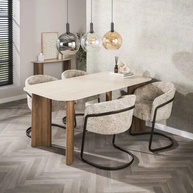 Dimehouse Eettafel Jimi Curvo Keramiek Travertin 180 cm - Keramiek - Japandi - Rechthoek Travertinlook
