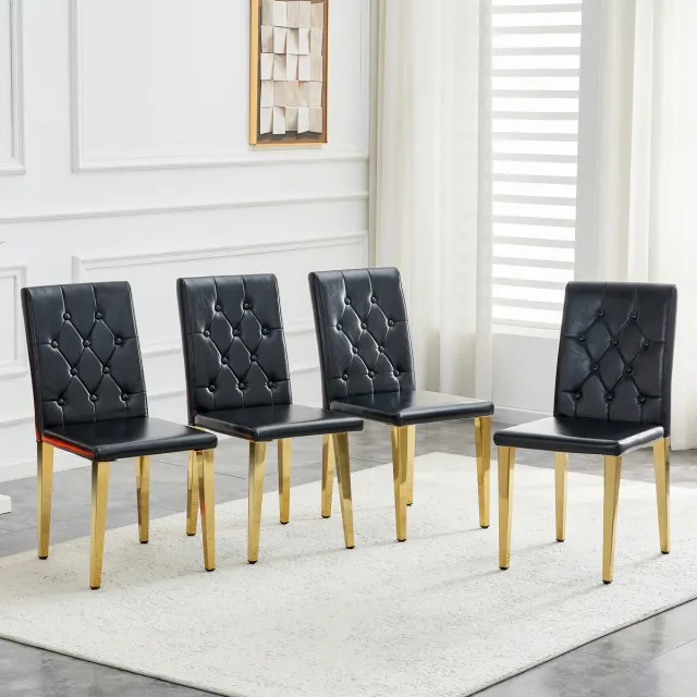 FloraGrace Eetkamerstoel Set Van 4 - Ruitgestikte Rugleuning, Comfortzitting - Voor Eetkamer Of Horeca - PU En Metaal - Zwart Goud Zwart+Goud