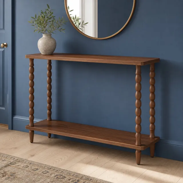 Trankielo Elegante consoletafel - 2-laags haltafel - Massief houten poten - Walnootafwerking - 100 cm