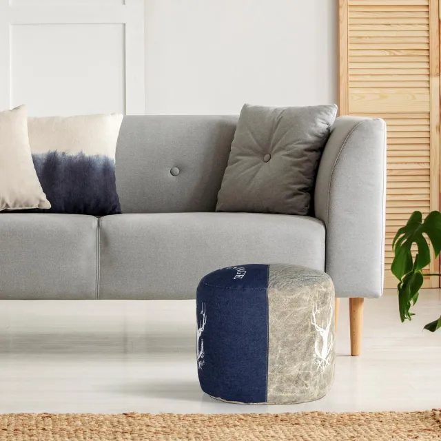 womo-design jacksonville zitpoef rond ø35 x 43 cm natuur/blauw handgemaakt uniek stuk van canvas en denim met katoenvulling multifunctionele hocker/voetenbank/poef voor woonkamer robuuste vintage look met hertmotief ook als zitkussen