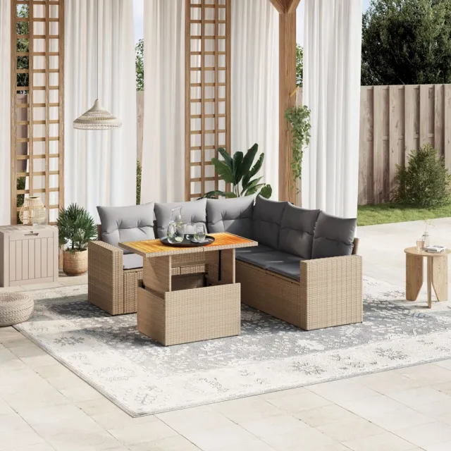 vidaXL 6-delige Loungeset met kussens poly rattan beige, foto 2