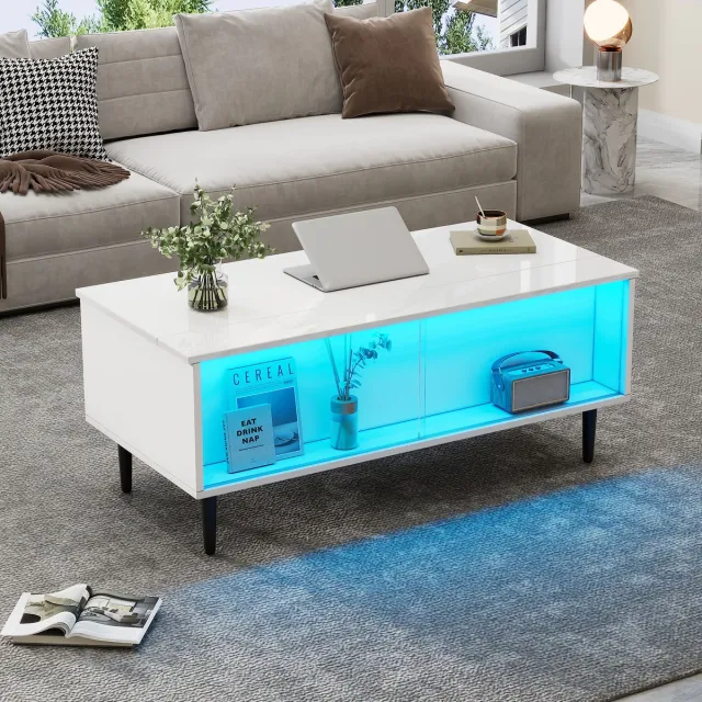 COVREO Salontafel 105x50x43 cm wit met hoogte instelbaar blad, opbergruimte en LED-verlichting