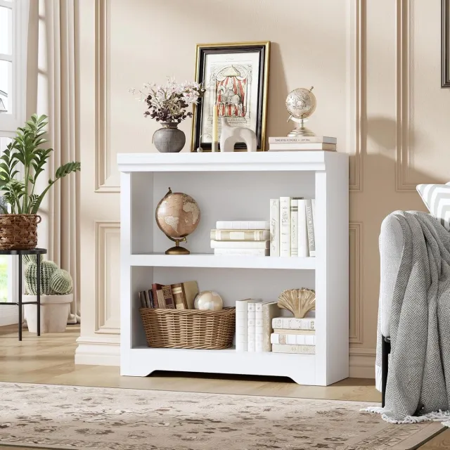 HOERFURIY Lage Boekenkast met Verstelbare Plank - Houten Open Vakkenkast - Opbergkast voor Woonkamer & Kantoor - 90x34x76 cm - Wit