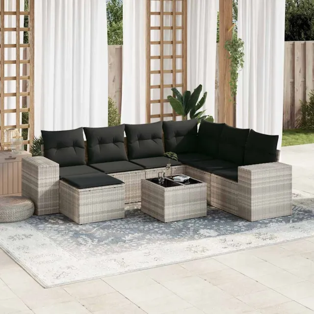 vidaXL 8-delige Loungeset met kussens poly rattan lichtgrijs grijs, foto 2