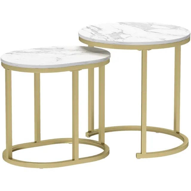 Merax Salontafel Set 2 Delig - Ronde en Ovale Bijzettafel - Stapelbaar - Staalframe - Wit - Voor Woonkamer en Slaapkamer