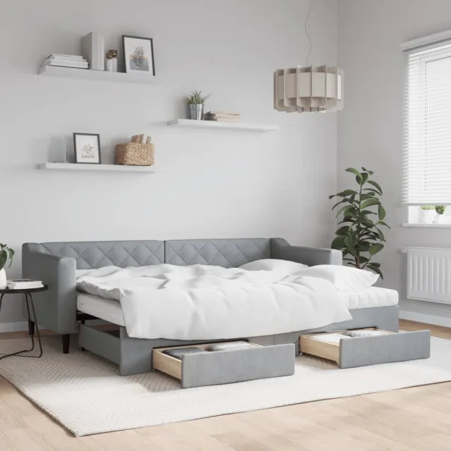 vidaXL Slaapbank met onderschuifbed en lades 80x200 cm stof lichtgrijs
