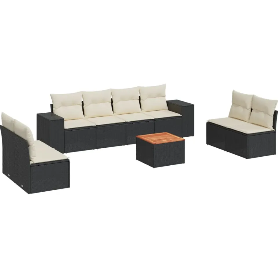 vidaXL 9-delige Loungeset met kussens poly rattan zwart