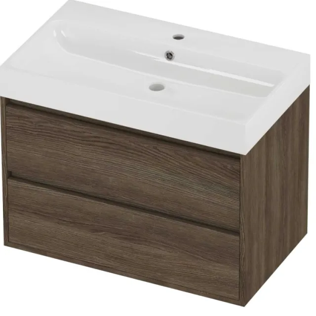 Proline Podium Badmeubelset Polystone Loft 1 Kraangat Greeploos 80x46x62 cm Glans Wit Vital Oak Eiken