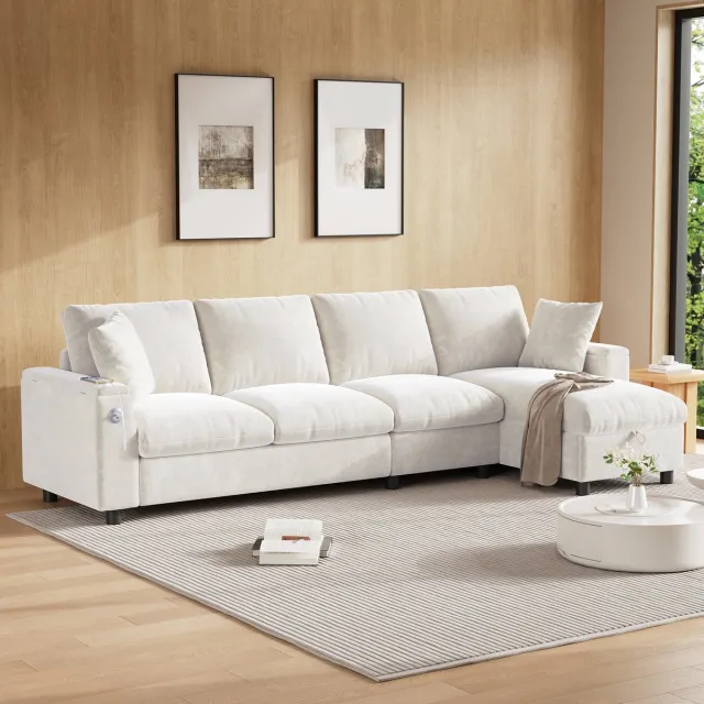 Zubaliya L-vorm chenille slaapbank met uitklapbare tafel en USB - 3-4 personen - beige - 2 drankhouders en opbergvak in armleuning - omkeerbare chaise longue - extra brede zitting