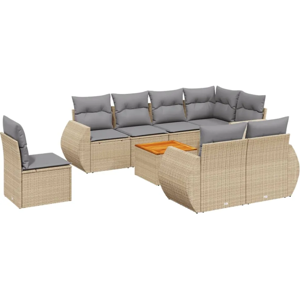 vidaXL 9-delige Loungeset met kussens poly rattan beige, foto 3