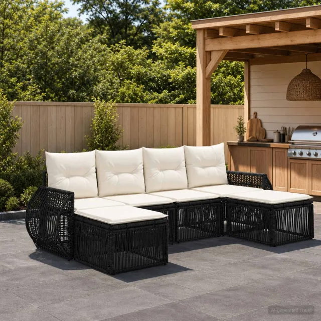 vidaXL Tuinbankenset 6 st 6-zits Zwart en Cream Wit poly rattan