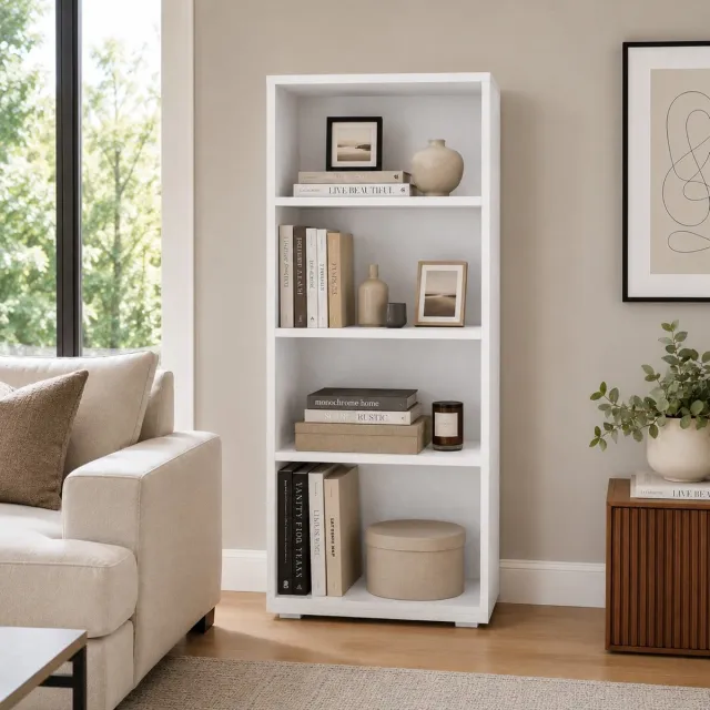 White Stone The White Stone Ruimtebesparende Witte Boekenkast met 3 Verstelbare Planken | Moderne Boekenkast voor Boeken en Ordners | Verticale Kast voor Woonkamer Kantoor en Studie 60x30x130 cm Bianco