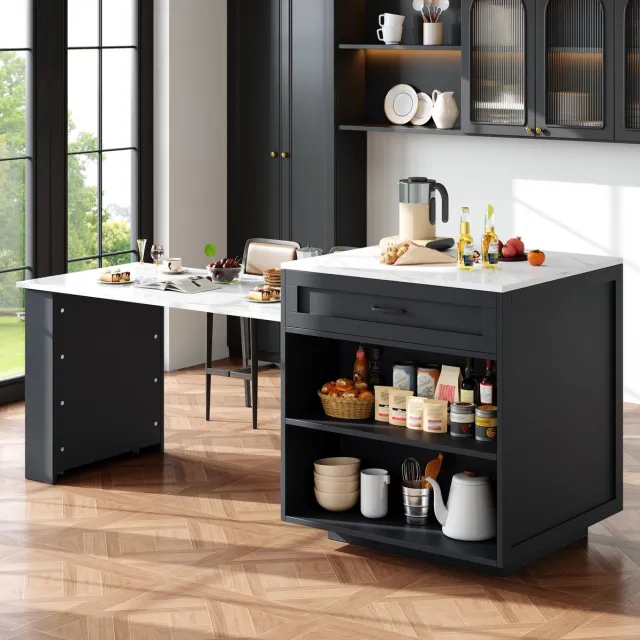 DESMIU Bartafel - Uitschuifbare Keukeneilandtafel Met Opbergruimte En 2 Lades - Voor Keuken En Eethoek - MDF - 133-202x70x93,5 Cm - Zwart