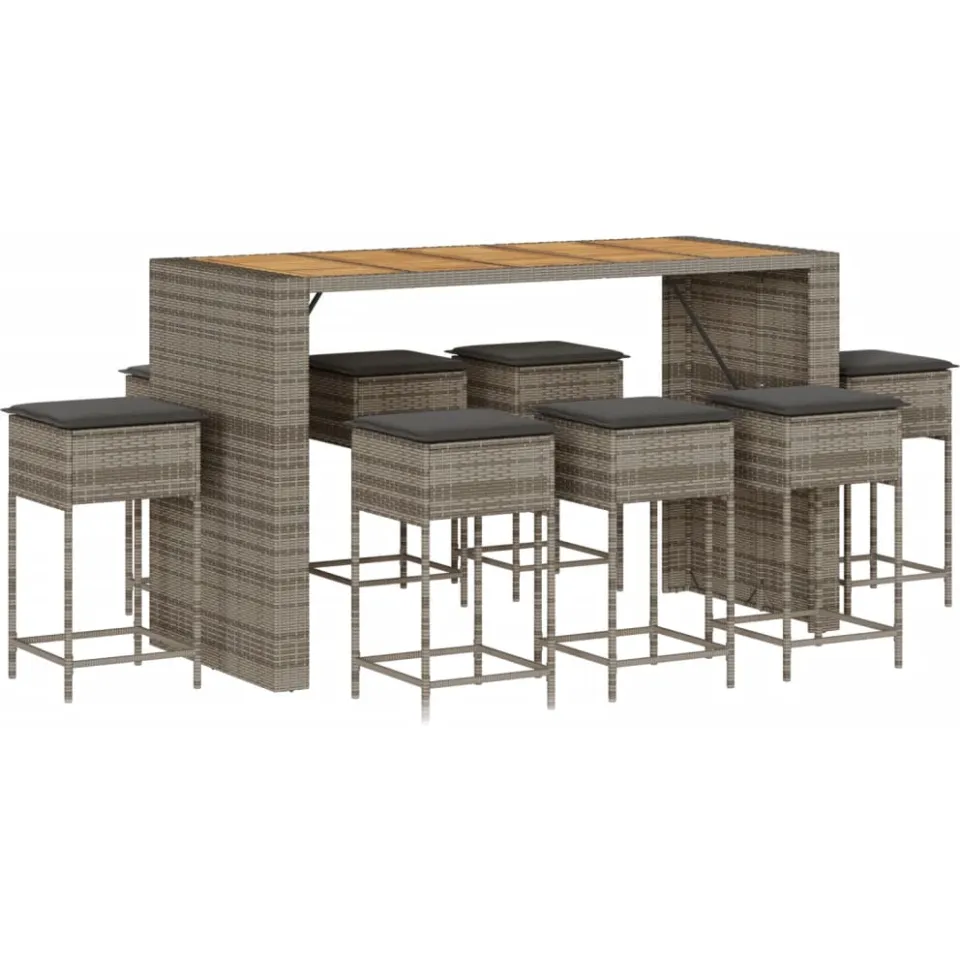 vidaXL 9-delige Tuinbarset met kussens poly rattan grijs, foto 3