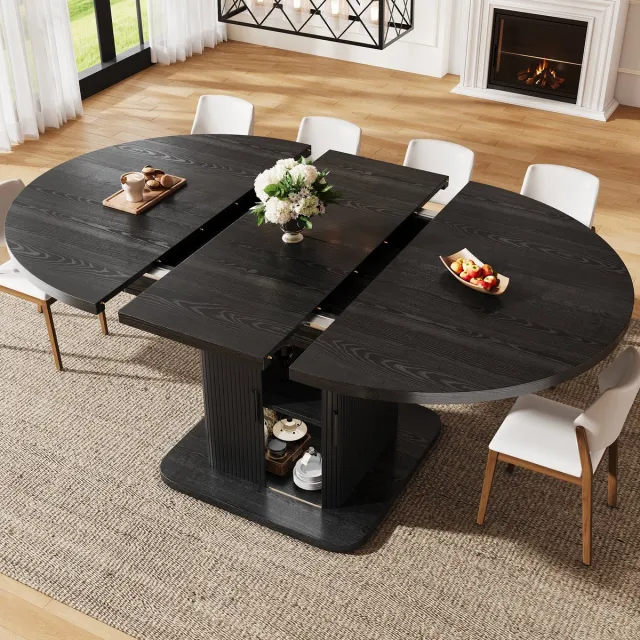 MIVRAY Eettafel - Uitschuifbaar Ovaal Tafelblad Met Opbergruimte - Voor Eethoek En Gezinsmaaltijden - Hout En Metaal - 149,8x110x75 Cm - Zwart
