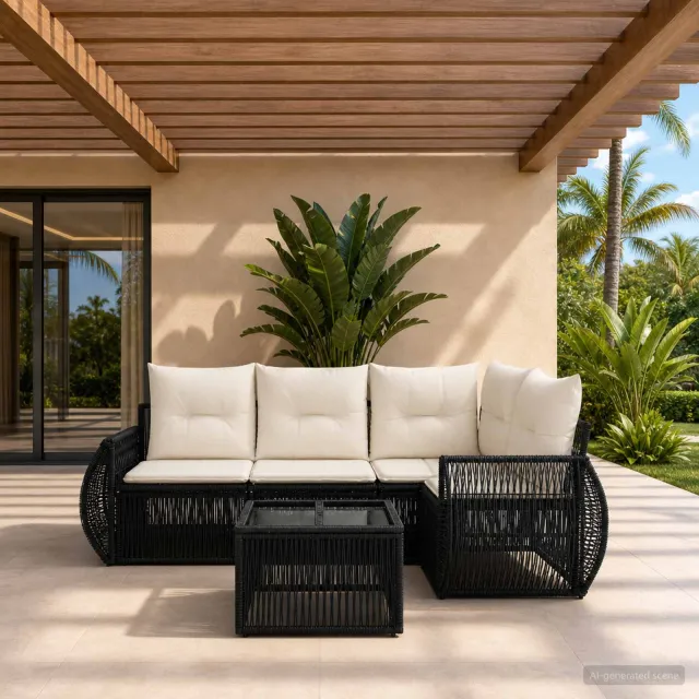 vidaXL Tuinbankenset 5 st 4-zits Zwart en Cream Wit poly rattan, foto 2