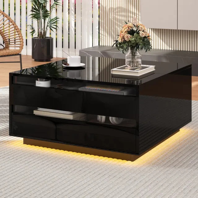 MODENUIT Salontafel - Hefbaar Tafelblad Met LED En Lade - Voor Woonkamer - Spaanplaat En Acryl - 70x70x38 cm - Zwart