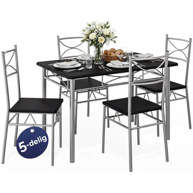 Casaria Eettafel Set 5 delige -Eettafel + 4 stoelen - Zwart
