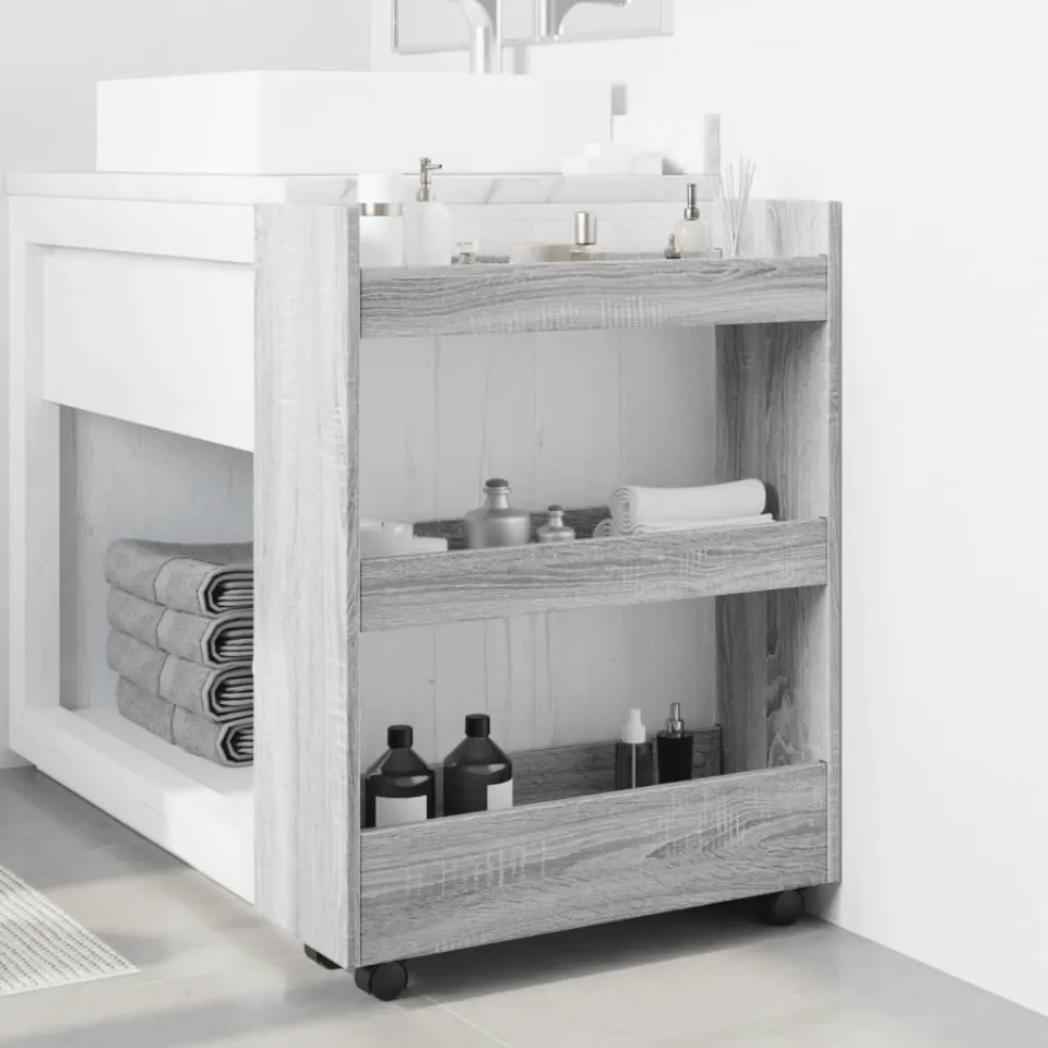 vidaXL Opbergtrolley smal 3-laags bewerkt hout grijs sonoma eiken, foto 3
