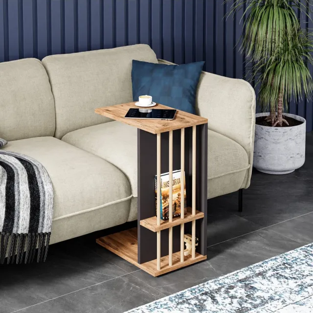 Intergas CT2-AG - Ergonomische Standaard - Bijzettafel op Wielen - Plank Salontafel - Bankstandaard - C-tafel - Nesttafel - Middentafel met Plank - Pijnboom - 29 x 44 x 65 cm