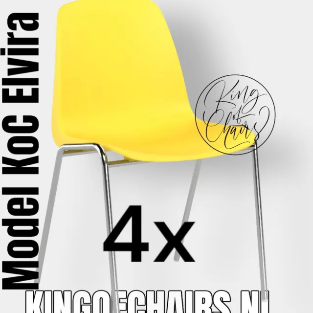 King of Chairs set van 4- model KoC Elvira geel met verchroomd onderstel. Kantinestoel stapelstoel kuipstoel vergaderstoel tuinstoel kantine stoel stapel kantinestoelen stapelstoelen kuipstoelen stapelbare keukenstoel Helene eetkamerstoel