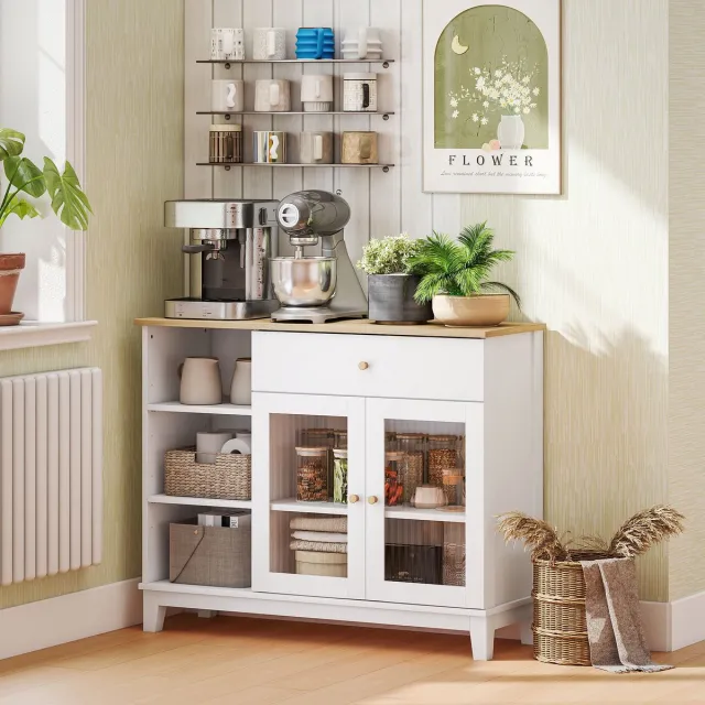 AURA LUMEN Buffetkast-Buffet Salon Blanc avec Portes Vitreuses Trempées-Tiroir Silencieux et Étagères Réglables Wit