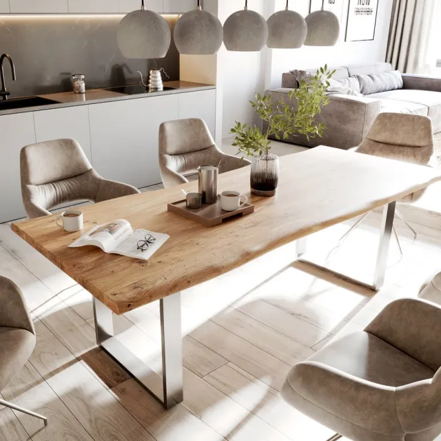 DELIFE Eettafel Edge acacia natuur 240x100 edelstaal smal Live-Edge Bruin
