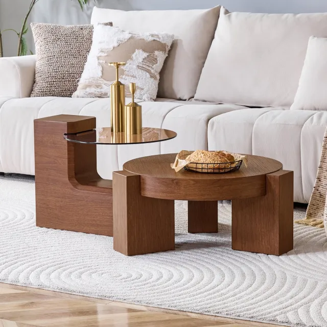 Clruro Salontafel Set - 2-Delig - Deelbaar met Glas - Flexibel Design - Glas en MDF - Bruin