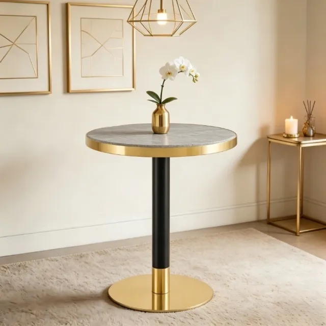 MODFU Bijzettafel - Rond Marmereffect - Modern - MDF Metaal - Grijs Zwart Goud - Ø 60 X 73,7 Cm