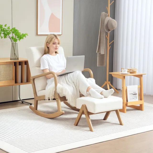REDOM Schommelstoel Met Voetenbank - 35° Schommelbeweging - Houten Poten - Voor Woonkamer Of Slaapkamer - Polyester - Crèmewit Crème wit